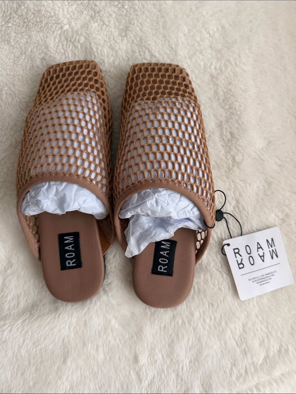 ROAM Tan Open-Weave Mule with Square Toe